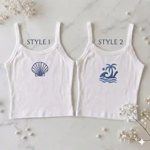 Embroidered Spaghetti Strap Tank Top, Minimal Seashell Beach Tank, Ocean Wave Palm Embroidery Camisole, Summer Aesthetic Cami Shirt Embroidered Icon Tank Top