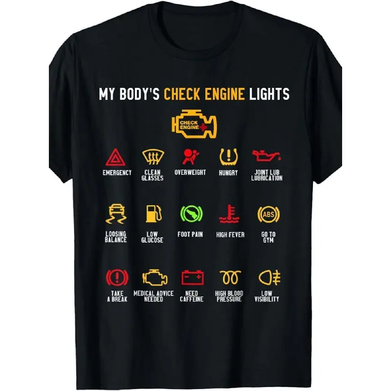 Men's Plus Size Short-Sleeve Round Neck T-Shirt - Menswear Top, Black with Automotive Warning Symbols, Playful Descriptions, Striking Yellow & White Text, Streetwear for Car Lovers & Casual Outings