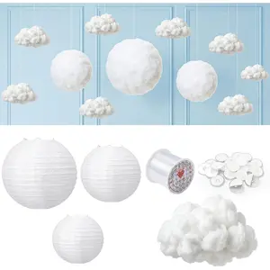 Baquler 3 Pcs White Paper Lanterns with Fiber 3D Clouds Decorations Multi Size 300g Polyester Filling for Ceiling Hanging DIY Clouds Ornament Round Paper Lanterns for Room Birthday Wedding Baby Shower