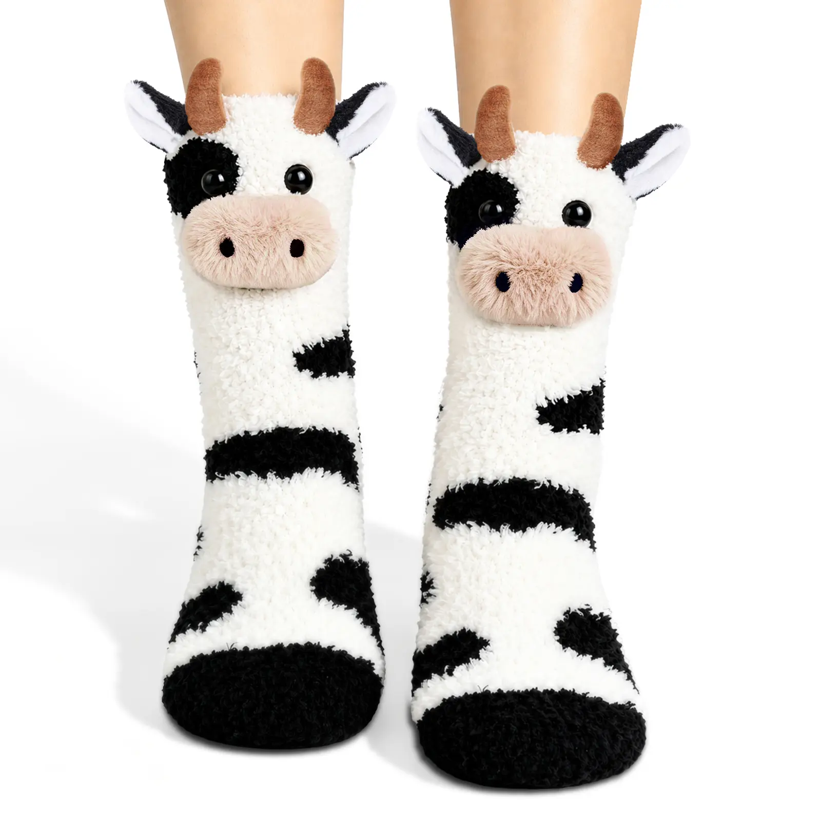 SuniSooci 3D Cow Fuzzy Slipper Socks for Women Teen Girls, Cozy Fluffy Animal Socks, Cute Birthday Gift for Cow Lovers, Christmas Stocking Stuffers