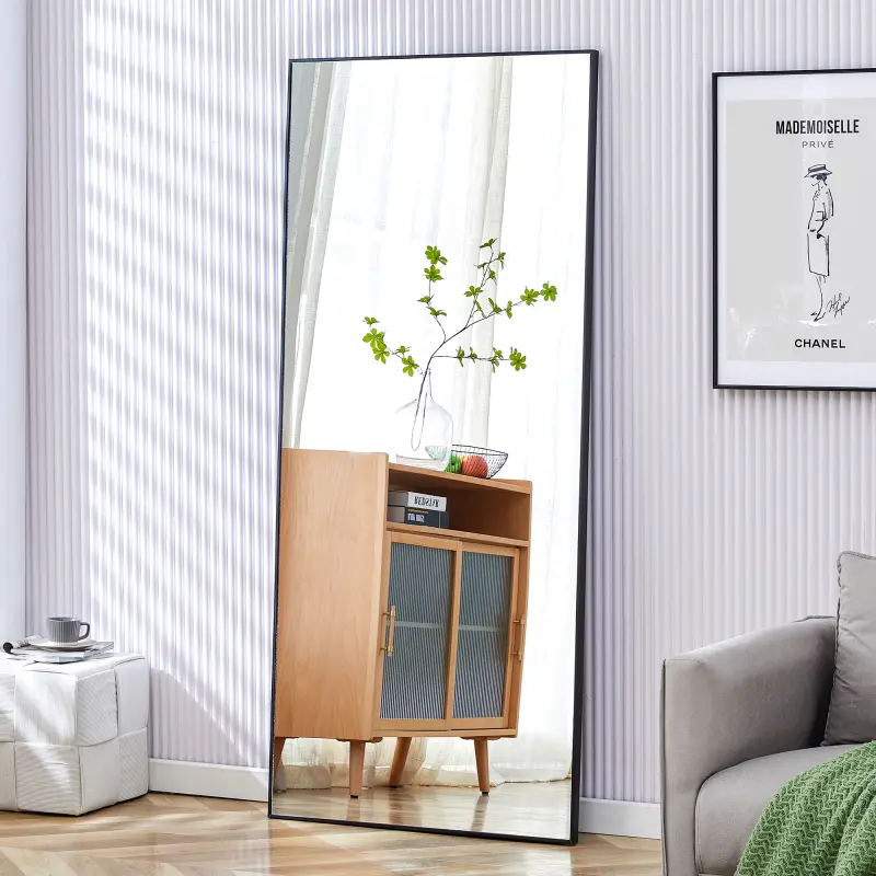 High end and high-quality,Full body mirror, floor mirror,Fourth generation black solid wood frame full-length mirror, dressing mirror, bedroom porch, decorative mirror, clothing store, floor standing large mirror, wall mounted. 71 "* 31.4" Glass Hanging