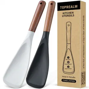 【Buy One Get One Free】Cooking Spoon for Nonstick Cookwares, Great for Cooking and Serving Durable BPA-Free Matte Silicone, Wood Handle Spoon for Mixing, Scoop, and Scrape