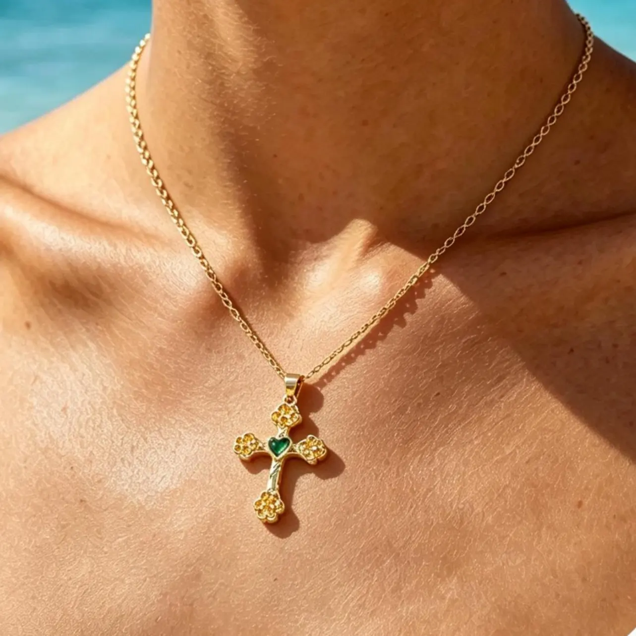 Women's Cross Pendant Necklace 14K Gold Green Zirconia Delicate Charm Ideal Gift