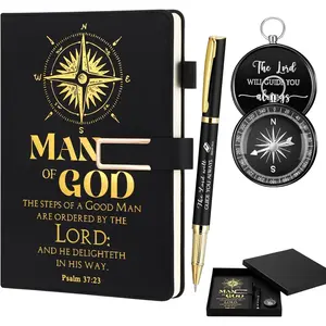 4 count Christian Gifts for Men Pastor's Appreciation Gifts Includes Man of God Pastor Leather Journal Notebook Christian Pen Religious Compass with  Box for Office