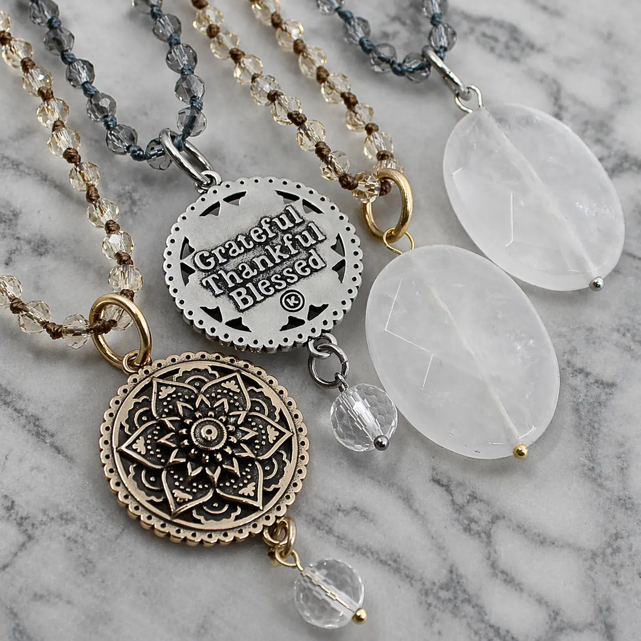 Grateful Thankful Blessed Mandala Bloom Original Necklace - Faceted Crystal Beads & 3D Pendant - Daily Wear Jewelry