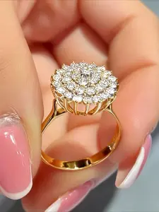 Golden Plated Copper Elegant Lotus Seed Zirconia Flower Ring | Princess Romantic Wedding Fine Jewelry, Anniversary Gift, Synthetic Stones, Perfect for Daily Wear or Special Occasions, Zircon Embellished Rings, Exquisite Trendy Ring