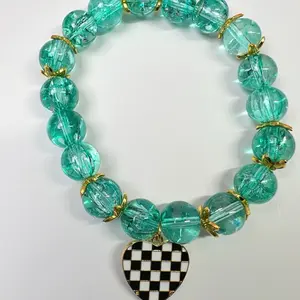 Aqua Checkerboard Heart Charm Bracelet – Glass Beaded Stretch Bracelet