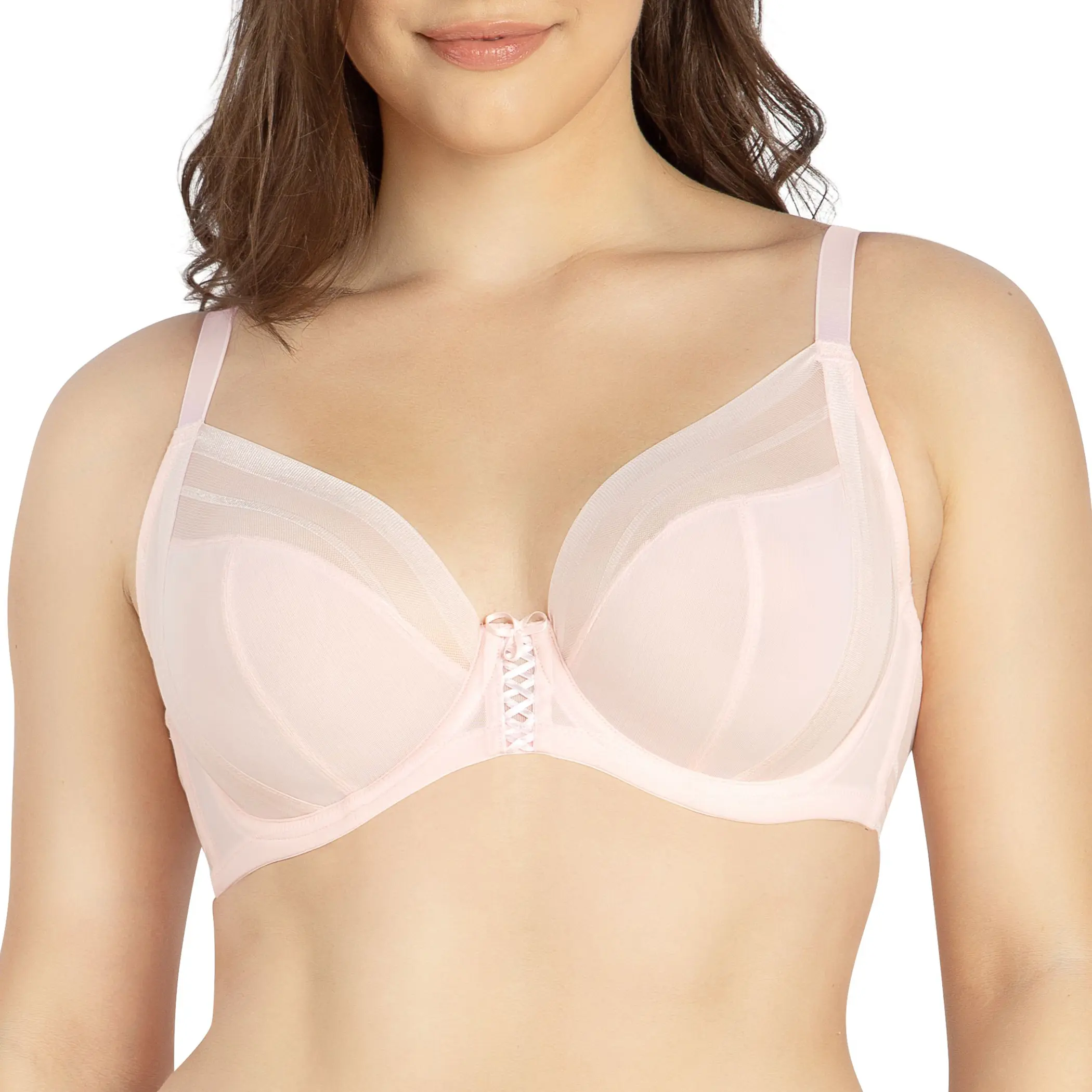 PARFAIT Shea P6062 Womenswear Full Busted Soft Stripe Pattern Lace and Breathable Sheer Mesh Fabric Plunge Unlined Comfort Wired Balconette Bra Fit Nylon