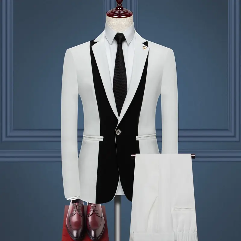 Men's Black-White Contrasting Buckle Suit, Casual British Menswear for Young-Middle-Aged, Premium Fabric with Print Detail, Slim Fit, Fitted, Wedding, Middle-Aged And Young, Contrasting Suit, All Seasons, Multi-Size