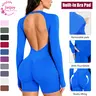 Jetjoy Seamless Long Sleeve Backless Romper, Built-in Sports Removable Pad Seamless Jumpsuit Tummy Control Romper for Women Workout Yoga Gym Seamless One Piece Jumpsuit Tummy Control Gym Shorts for Women, Workout Yoga Gym Seamless One Piece