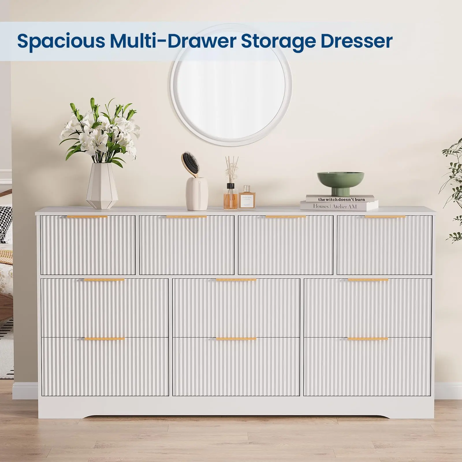 Garvee Fluted 9 Drawer Dresser for Bedroom - 59" Wide Modern Wooden Chest of Drawers with Organizer Storage - Versatile Dresser and TV Stand for Living Room