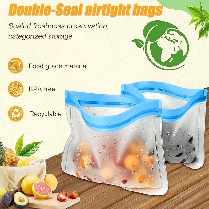 Reusable Silicone Food Bags Set Keep Food Fresh Leak-Proof Storage Kitchen Use