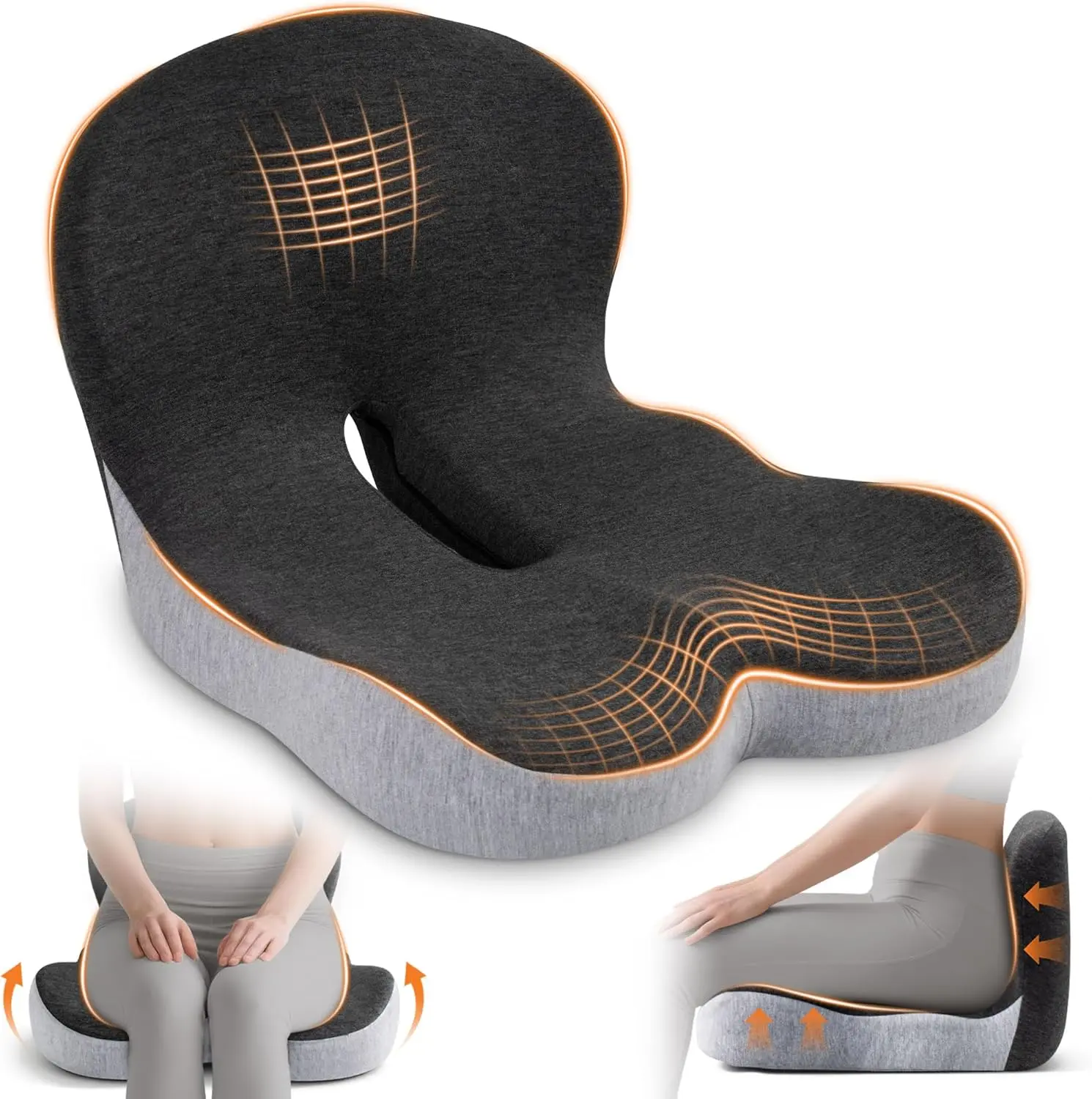 Seat Cushion for Office Chair with L-Shaped Ergonomic Design, Memory Foam for Long Sitting, Black Gray, Non-Slip & Breathable, Removable Washable Cover