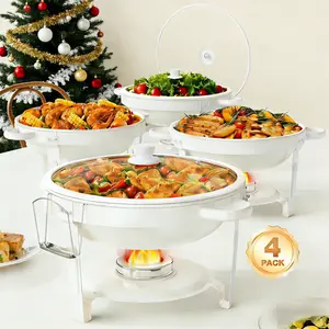 4-Pack 5.5L / 5.81Qt Maifan Stone Chafing Dish, Food-Grade Stainless Steel | Built-in Fuel Burner & Lid Rack, Buffet Food Warmer for Events
