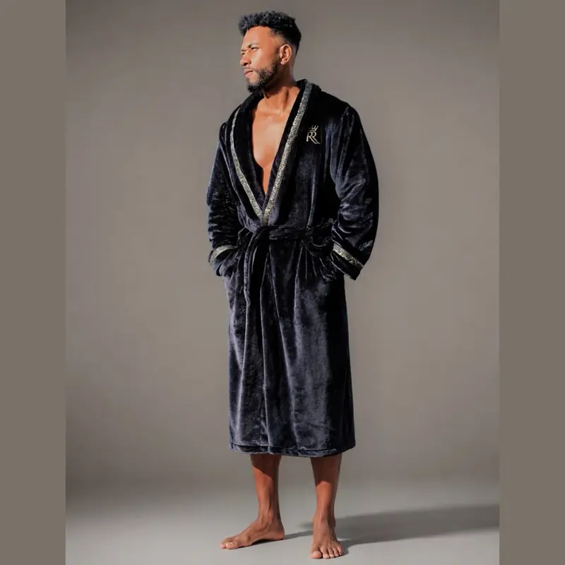 Black Royalty Robe with Gold Greek Key Trim- soft plush fleece mens bathrobe with pockets - mens casual wear housecoat Long Sleeve Nightwear Menswear Loungewear Beige Motocross