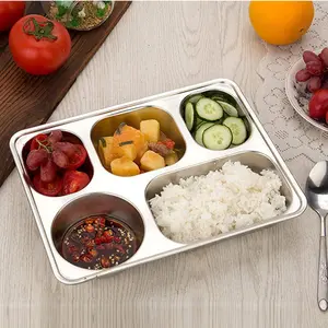 4pcs Deep Plate Set, Stainless Steel Divided Rectangular Portion Control Plates, 5 Compartments Metal Food Tray for Lunch Dinner Camping