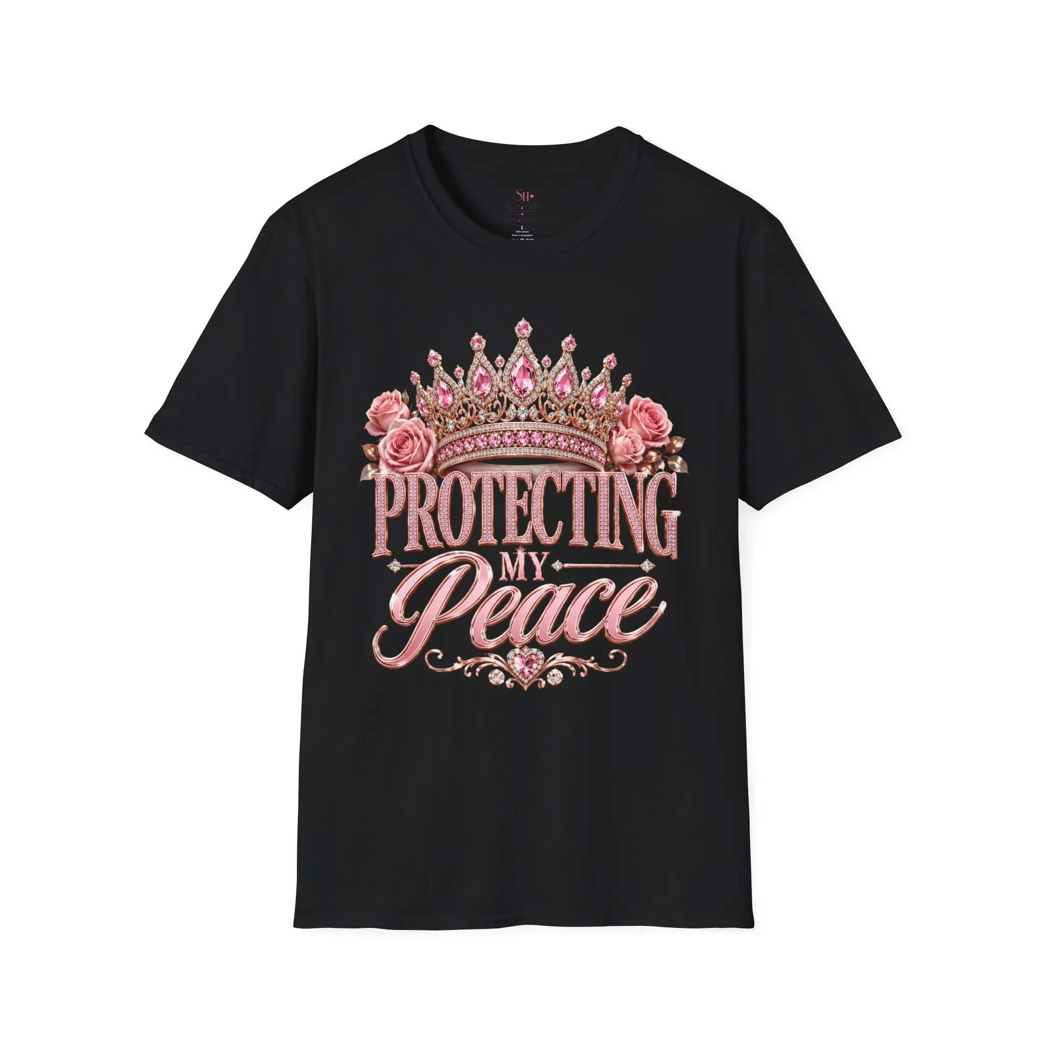 Men's Protecting Peace Crown Short-Sleeve T-Shirt - Lightweight, Feminine Drape Tops, Pink Roses, Rhinestone Tiara Design, Shortsleeve, Breathable, Cotton, Printed, Tee, Soft, Ribbed, Round Neck, Rhinestones, Menswear, Tshirt, Casual, Printed Artwork, Rin