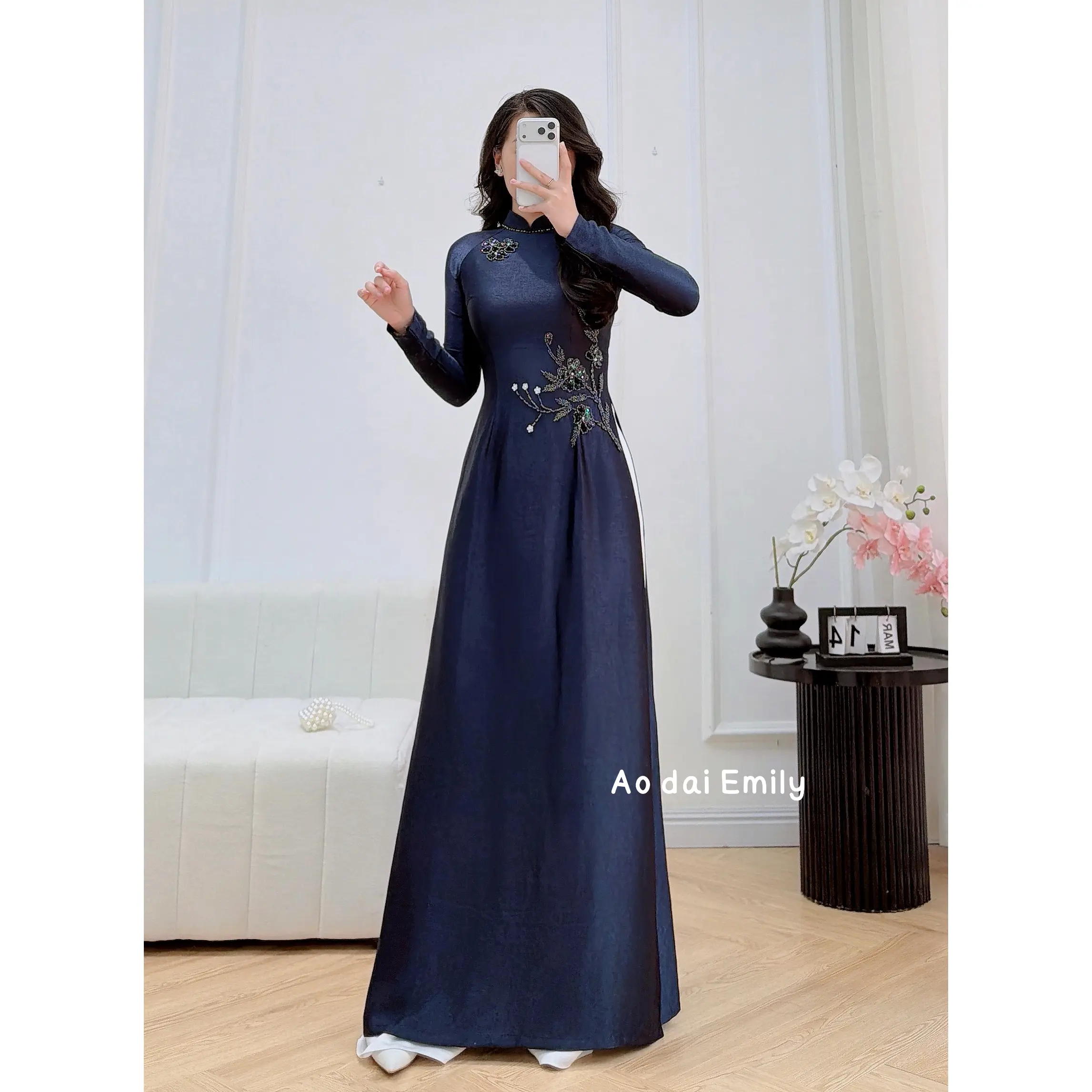 Traditional style Dark Blue ao dai with beading crystals | Diascia
