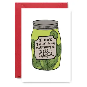 Punny Pickle Birthday Card, 'Dill-ightful' Wordplay in Mason Jar Design with Handwritten Typography, Perfect Gift for Foodie Friends & Gardening Enthusiasts, Fun Party Cards, Greeting Card
