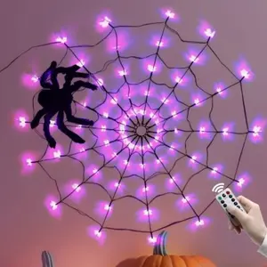 1pc Halloween Spider Web Decoration, LED Light Up Spider Web Hanging Ornament, Indoor Wall Decor for Horror Atmosphere, Battery Not Included