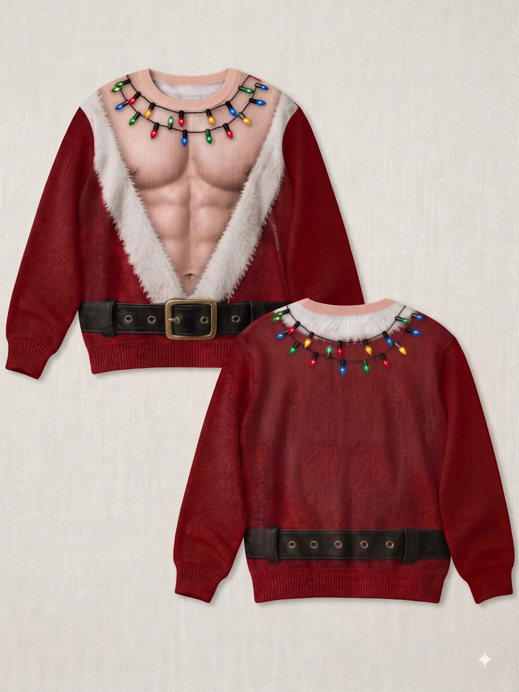 Funny Buff Muscle Chest Santa Ugly Christmas Sweater 3D Printed Lights Xmas Party Gag Gift Sweatshirt