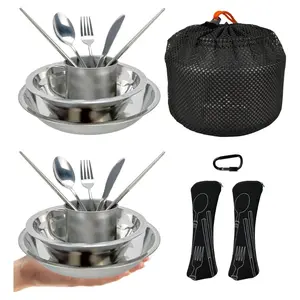 Stainless Steel Camping Mess Kit - Person's Complete Picnic & Camp Dish Set, Includes Plate, Bowl, Cup & Utensils