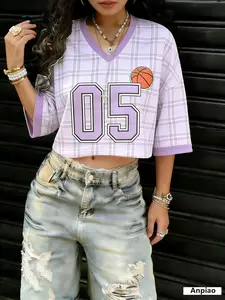 Vintage Basketball Grid Print Women's Short Jersey, Light V-Neck Loose Fit Retro Sport Top, All over Print Athletic Wear