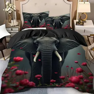 2/3 Pcs Elephant,Rose Quilt Cover Set(1* Quilt Cover+1/2* Pillowcase,No Filling)Soft High-End Digital Printed Bedding Set,Perfect Gift For Family,Friends During The New Year Holiday!Suitable For All Year Round!Machine Washable