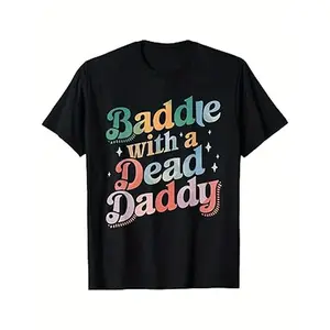 Men's 100% Cotton Black Humor Graphic T-Shirt - Baddie With A Dead Daddy Print, Round Neck Short Sleeve, Retro Y2K Vintage Metalcore Design, Gift for Men, S-XXXL Casual Loose Fit Streetwear Crewneck Top Menswear Shortsleeve