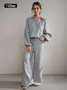 Women's V Neck Casual Knit Fashion Set, Comfortable Top & Wide Leg Pants, Perfect for Daily, Autumn Winter Style