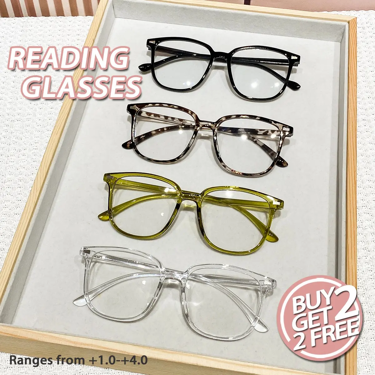 4pcs Unisex Plastic Reading Glasses, Large Frame, +1.0-4.0 Strengths, Casual Fashion, Suitable for Reading, TV, Phone, Computer, Reading Eyeglasses, Reading Eyewear