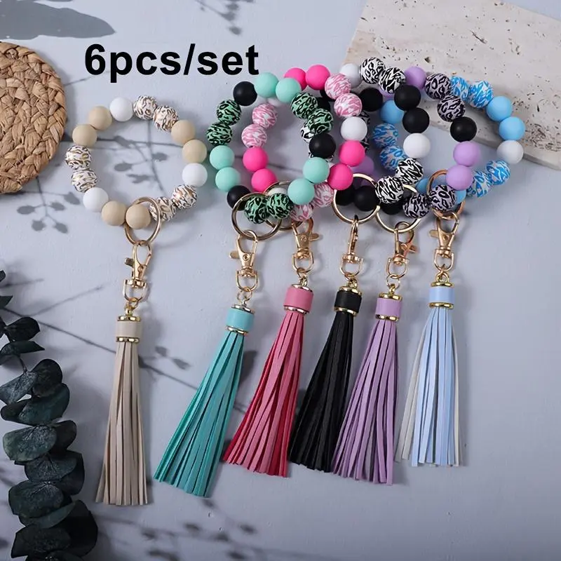 Women's Beaded Wristlet Keychain, 6-Piece Multipack with Round Wooden & Silicone Beads, PU Leather Tassel, and DIY Cartoon Charms for Birthday Gifts, Beading, Beads Jewelry Making