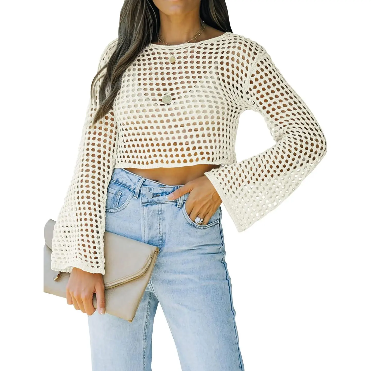 Women's Long-Sleeve Knitwear Top - Army Green Round Neck Crochet Crop Top with Hollow-Out See-Through Mesh Cut-Out Cover Up, Minimalist Basic Women's Blouse, Knitwear Tops