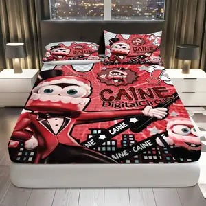 3Pcs Caine Digital Circus  Fitted Sheet Three Piece Set (1*Fitted Sheet+2*Pillowcases, Coreless), Party theme, Fun Bedding Set, Mattress protector Soft, Breathable