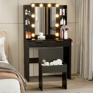 Black Makeup Vanity Desk with 10 Hollywood Bulbs, Fluted Dressing Table with Charging Station, 2 Drawers, 4 Shelves, Hairdryer Holder & Padded Stool