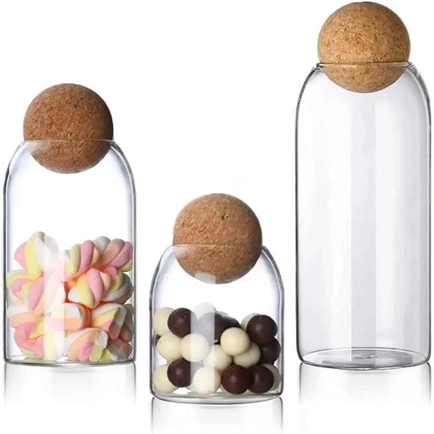 MIUVA 3 Piece Glass Storage Containers with Airtight Cork Lids Apothecary Jars for Candy Coffee Beans Tea Spices Salt Sugar Cookies Sturdy Borosilicate Glass Canisters for Kitchen Storage Thanksgiving Valentine's Day gift Christmas Gift Set Stock Up