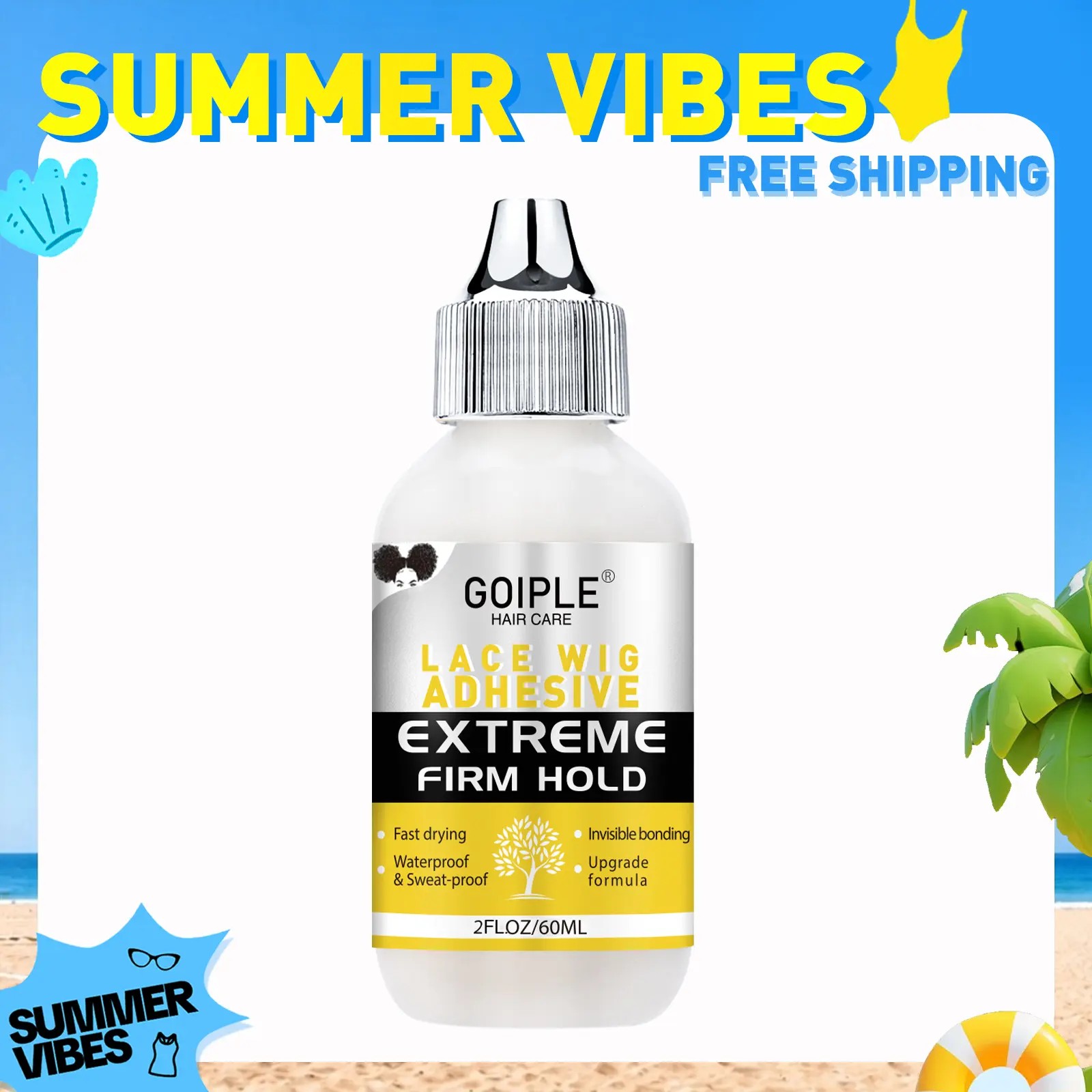 【SUMMER VIBES】Strong Hold Wig Glue 60ML - Waterproof Forehead-Lace Adhesive for Wigs, Fast Dry Transparent Lace Glue for Hair Replacement Invisible Bonding Haircare
