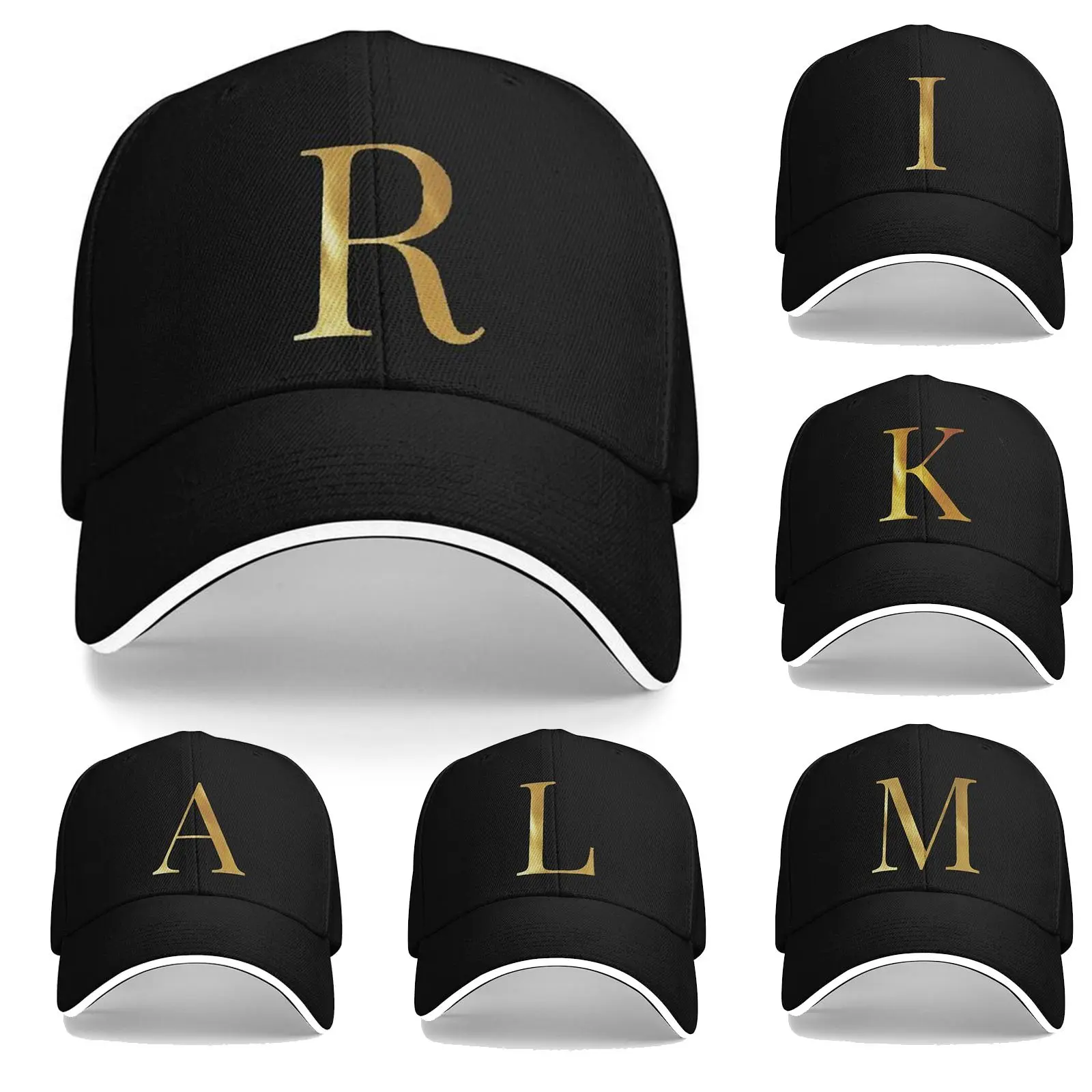 Custom Gold Foil 26 Alphabet Letter Baseball Cap Sandwich Brim 6-Panel Twill Adjustable Dad Hat Personalized Initial Monogram Hat For Men Women Daily Street Outdoor Black White Burgundy Navy