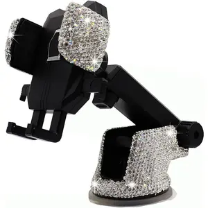 Bling  Phone Mount Holder,Shiny  Rhinestone Phone Stand for Women and Girls,  Accessories for Windshield Dashboard,Compatible with  Cellphones (White)
