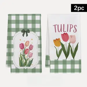 2pcs 23.6x15.7 In Easter Kitchen Towels Featuring A Green Checkered Background With Tulip Designs Measuring These Towels Serve As Dishcloths Hand Towels And Decorative Items For Tea Sets