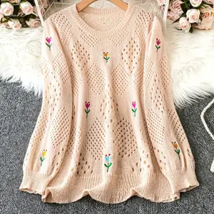 Plus Size Floral Embroidered Hollow Out Sweater, Casual Round Neck Pullover for Spring & Fall, Comfortable Elegant Women's Fashion Top
