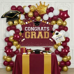 Maroon White Gold Balloon Garland Arch Kit with backdrop Stars Graduation Cap crown GRAD Letters Mylar Balloons for 2026 graduate Prom Decorations2026