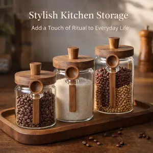 Airtight Glass Coffee Canister Set of 3 with Wooden Lids & Spoons, Modern Coffee Bean Storage Jars