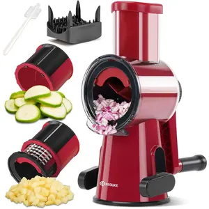 Manual vegetable chopper slicer 2in1 hand crank food cutter with cleaning tools nonslip suction base safety pusher safe effortless for potato carrot onion redblack