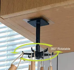 360° Rotating Folding Kitchen Utensil Holder180 Degrees Vertical Flip Self-Adhesive Hook Utensil Rack for Kitchen Bathroom Black