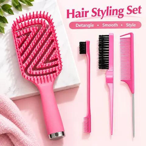 Unice 4pcs Brush Comb Styler Set - 6 in 1 Multi-Purpose Anti-Snagging Tool Kit for Home Hair Salons, Real Hair Wigs, Baby Hairstyling & Braided Looks