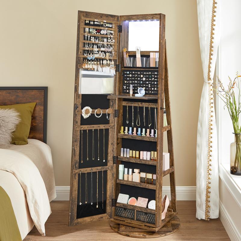 SONGMICS LEDs Lockable Jewelry Mirror Cabinet,Standing Jewelry Armoire,, Frameless Full-Length Mirror, 3 Storage Shelves Christmas Gifts Decor