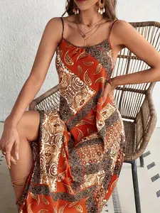 1 piece of women's color-block geometric pattern printed backless Woven dress, Bohemian Casual vacation style