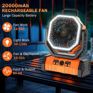 20000mAh Battery-Powered Cold Air Device with LED Lantern, Dual-Motor 4-Speed Adjustable Remote-Controlled Portable Fan, Desktop Hook for Camping, Hiking