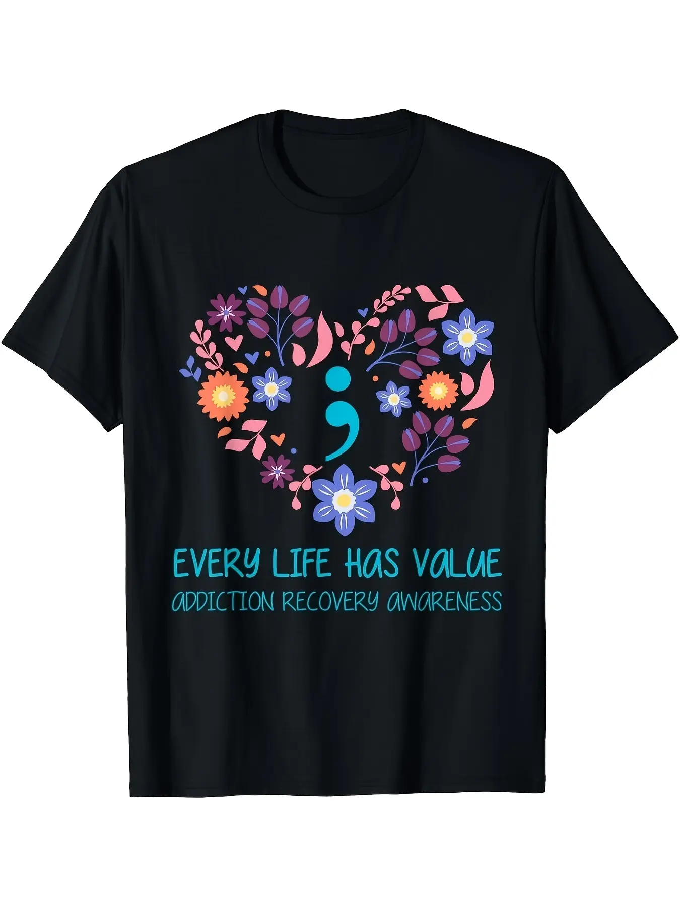 Every Life Has Value Semicolon Addiction Recovery unisex soft cotton short sleeve t shirt, vintage graphic casual tee for men women teens, perfect birthday holiday gift for camping travel gym daily street  wear